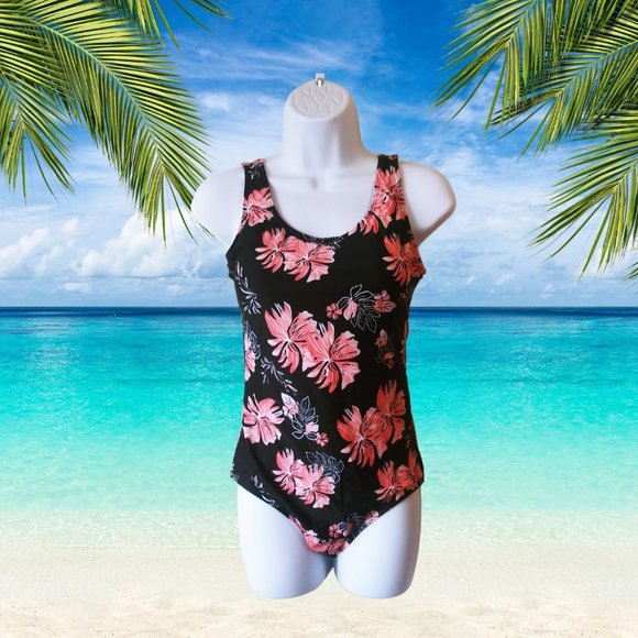 - ⛱️SWIMSUIT ONE PIECE BLACK WITH FLORAL DESIGN NWOT - Picture 1 of 6